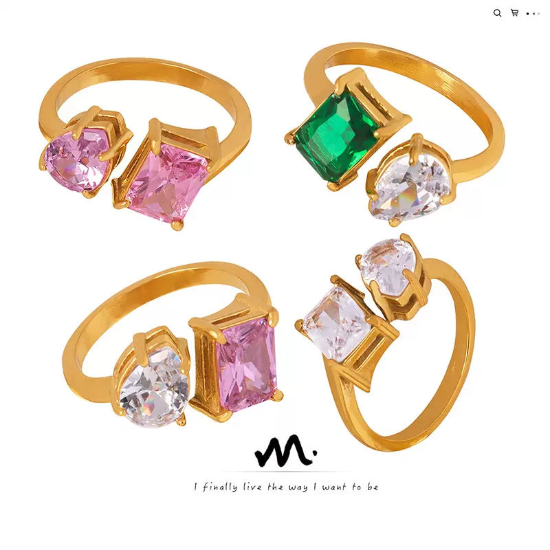 欧美不掉色ins风镶锆石轻奢开口戒指钛钢镀金创意设计工厂批发女