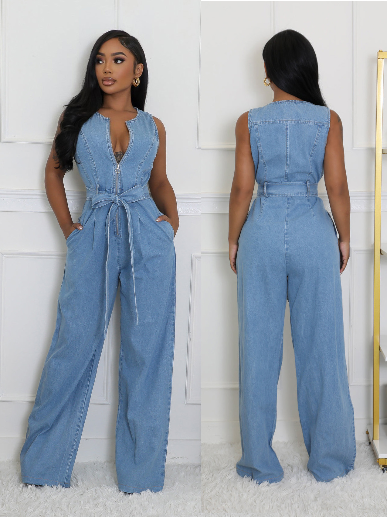 728g Weight Sleeveless Sleeve Length Full Length Pants Length Cotton, Denim Fabric Type High Waist Waist Line Jumpsuits Pants Type Bodysuits Tops Type Daily Occasion Loose Fit Type Solid Color Pattern Summer Season Women's Gender Belt Design Casual Style Women's Daily Bodysuits Casual Solid Color Full Length Belt Jumpsuits 无