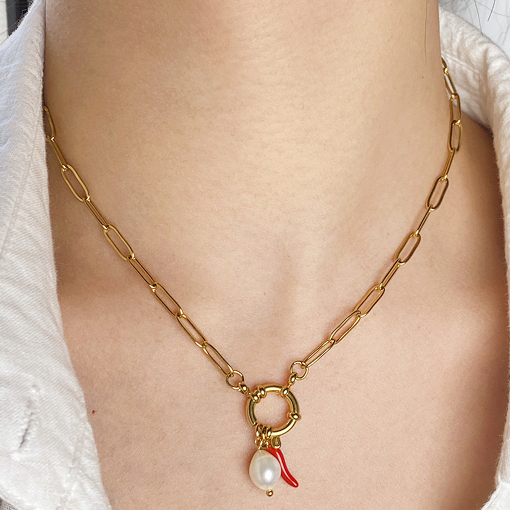 9g Weight PVD Coated Gold Plating Process PVD Coated Real Gold Plated Geometric Chili 304 Stainless Steel Vintage Style Classic Style Waterproof Non Tarnish 304 Stainless Steel OT Clasp Toggle Clasp Closure Spring Ring Trigger Clasp Closure Pendant Necklace