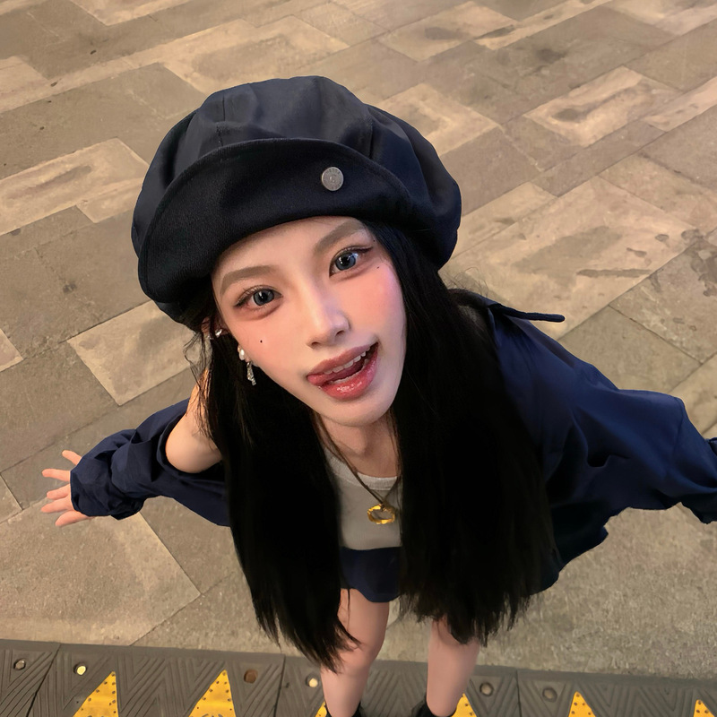 港风黑色贝雷帽女夏季小众设计感百搭画家帽大头围云朵八角帽子潮|undefined
