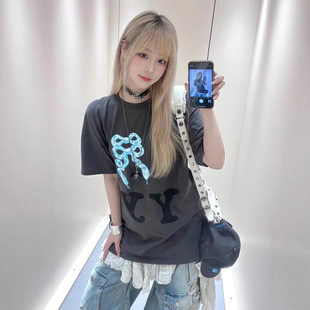 2025 New Korean Openyy Short-Sleeved Women's Loose Year of the Snake Limited Bow Small Blue Snake Niche Trendy Brand T-Shirt