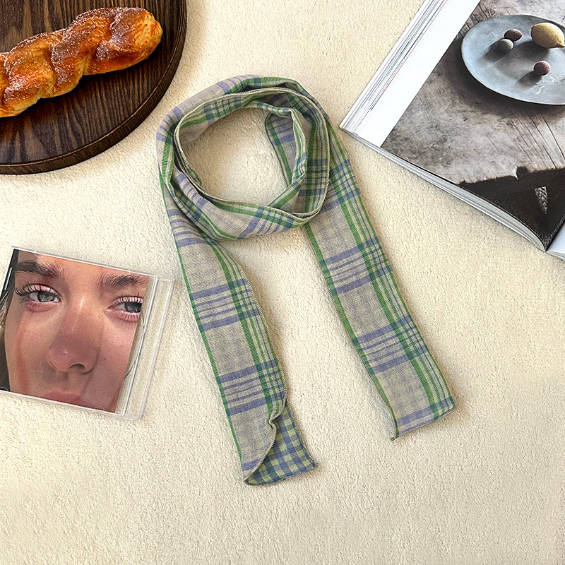 Pañuelo de seda largo, bufanda delgada y estrecha a cuadros retro de alta calidad, bufanda versátil, pañuelo en la cabeza, cinturón decorativo para el cabello