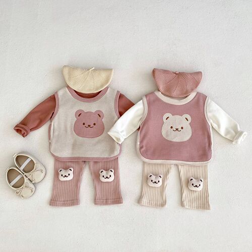 Autumn Infant Girl Bear Head Embroidered Vest + Solid Color Bottoming Shirt + Hollow Striped Leggings 3-piece Set