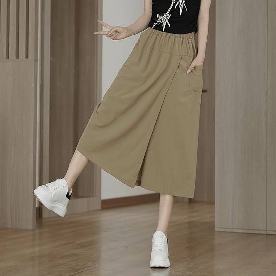 Cross-Border New Chinese Style Casual Cropped Pants Skirt for Women 2025 Summer Breathable High-Waisted Versatile Cool Elegant Wide-Leg Skirt Pants