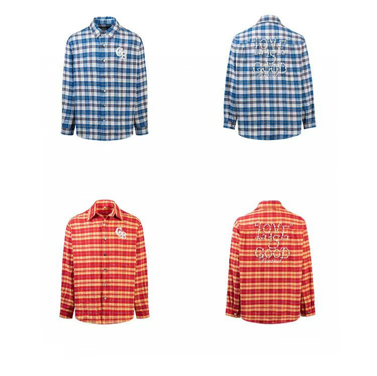GOODBRAND SS25最新珍珠标语时尚轻奢高级感格纹长袖衬衫情侣款|undefined