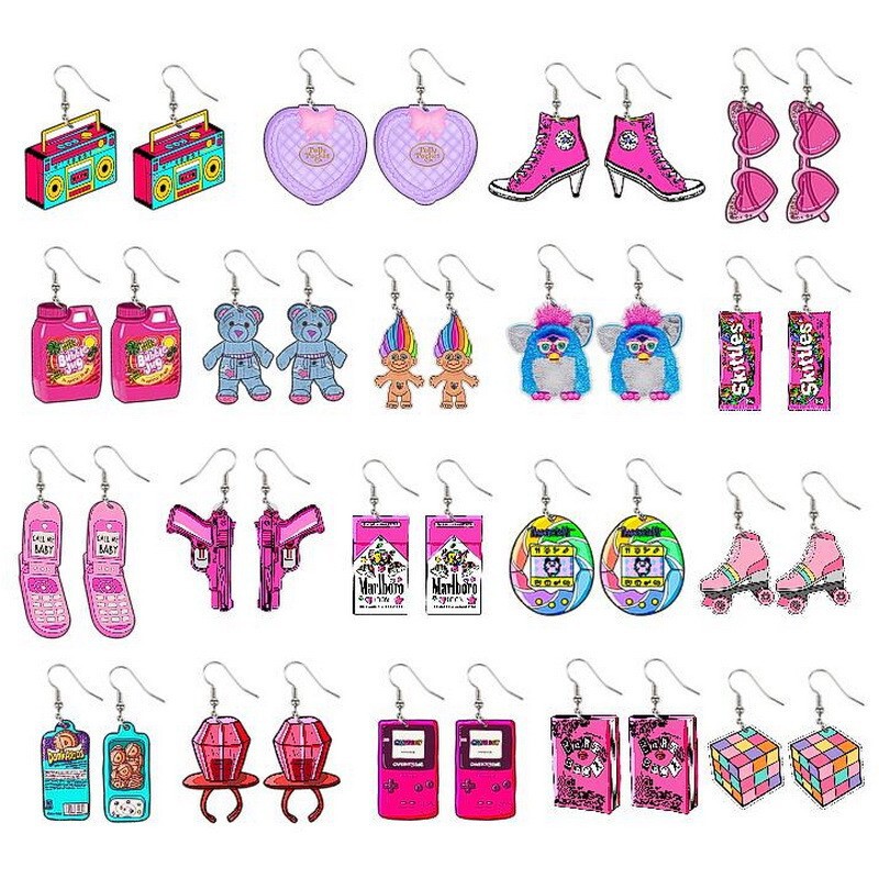Acrylic Pink Game Console Rubik's Cube Skates Candy Mobile Phone Radio High Heels Earrings Children's Jewelry Acrylic Pink Game Console Rubik's Cube Skates Candy Mobile Phone Radio High Heels Earrings Children's Jewelry