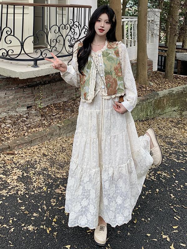 早秋超好看提花马甲连衣裙套装2025春秋大码胖MM法式设计仙女裙两|undefined