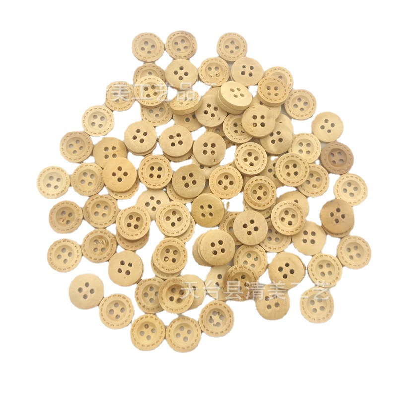 Botones de madera de cuatro orificios con borde anancho y punteado de madera de 15mm Botones de borde ancho con línea punteada de cuatro ojos de madera decorativa 100 piezas por paquete