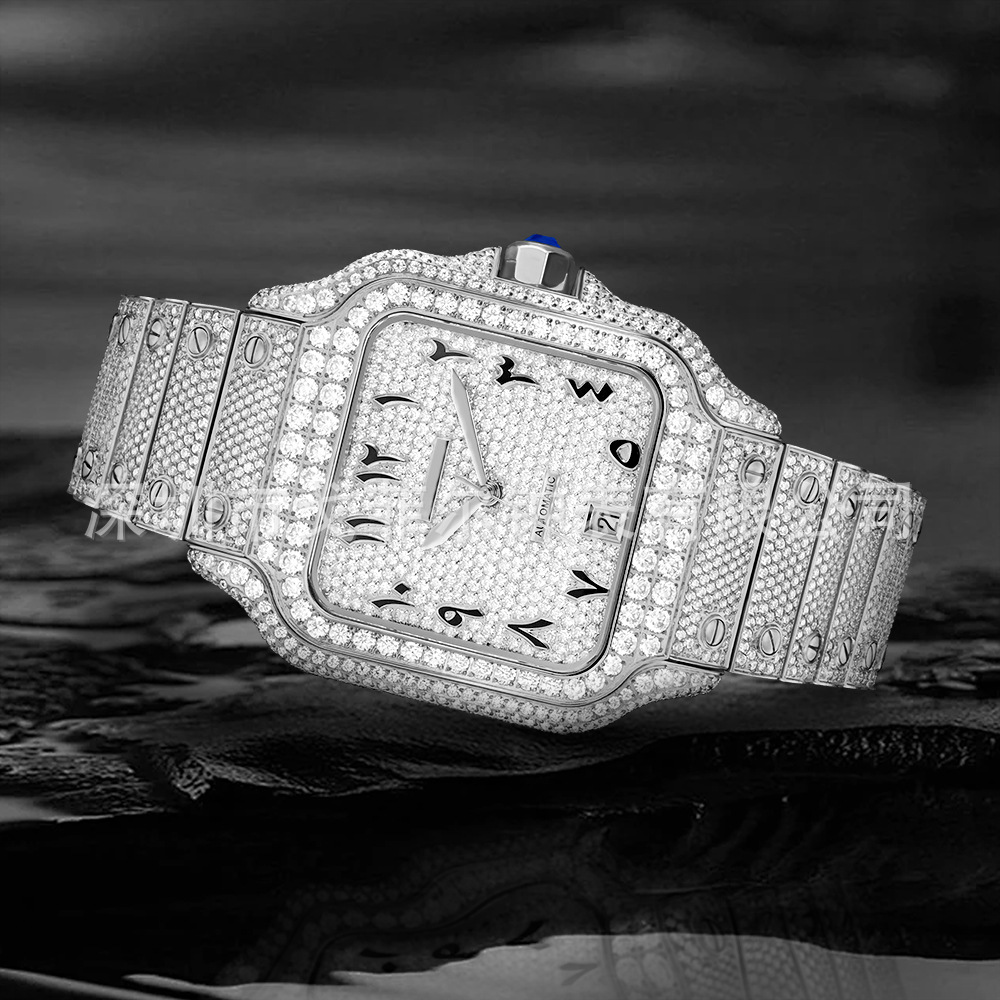 Wholesale European and American Hip-Hop Luxury Men's Moissanite Watches, Pure Moissanite Mechanical Watches, Full Diamond Men's Watches, Diamond-Encrusted Wristwatches