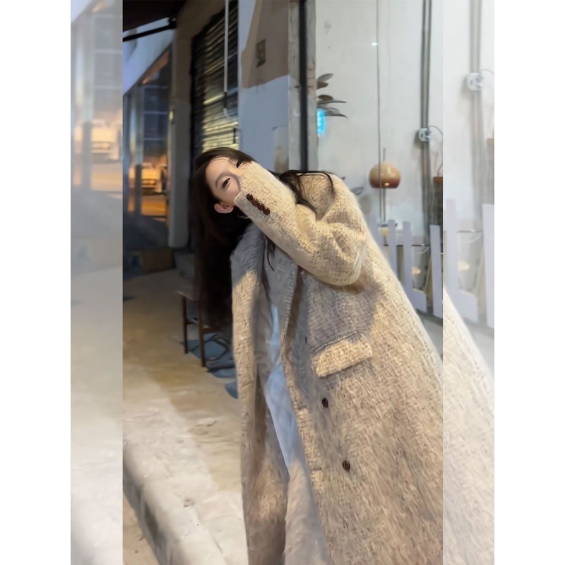 慵懒风复古翻领设计感燕麦色加厚毛呢大衣外套女秋冬新款呢子外套|undefined