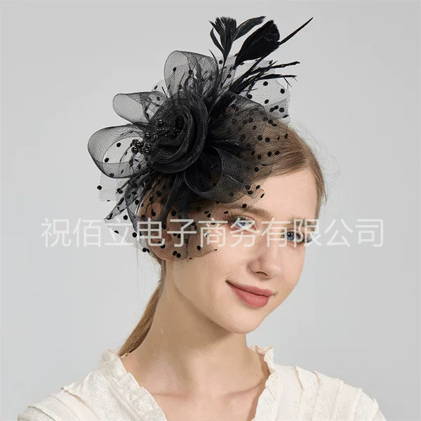 Amazon Retro Mesh Feather Headdress Lace Polka Dot Bridal Party Hair Accessories Small Hat Manufacturer Wholesale