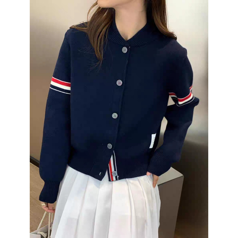 设计感双袖撞色条纹立领针织开衫女气质上衣短外套棒球服|undefined