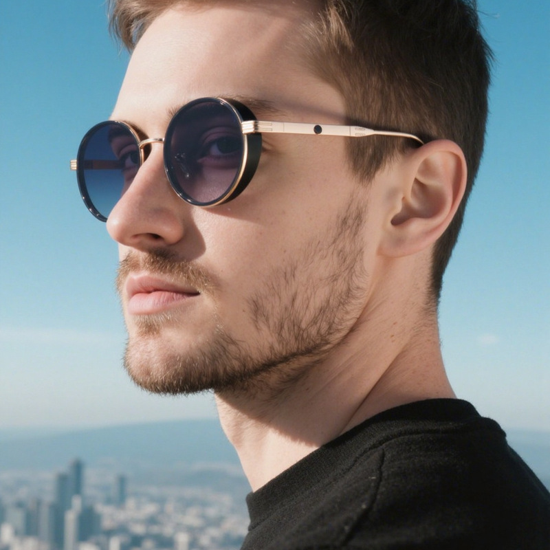 European and American Retro Oval Frame Men's Sunglasses, High-End Side Bag Small Frame Sunglasses, Fashionable Metal Full-Frame Glasses