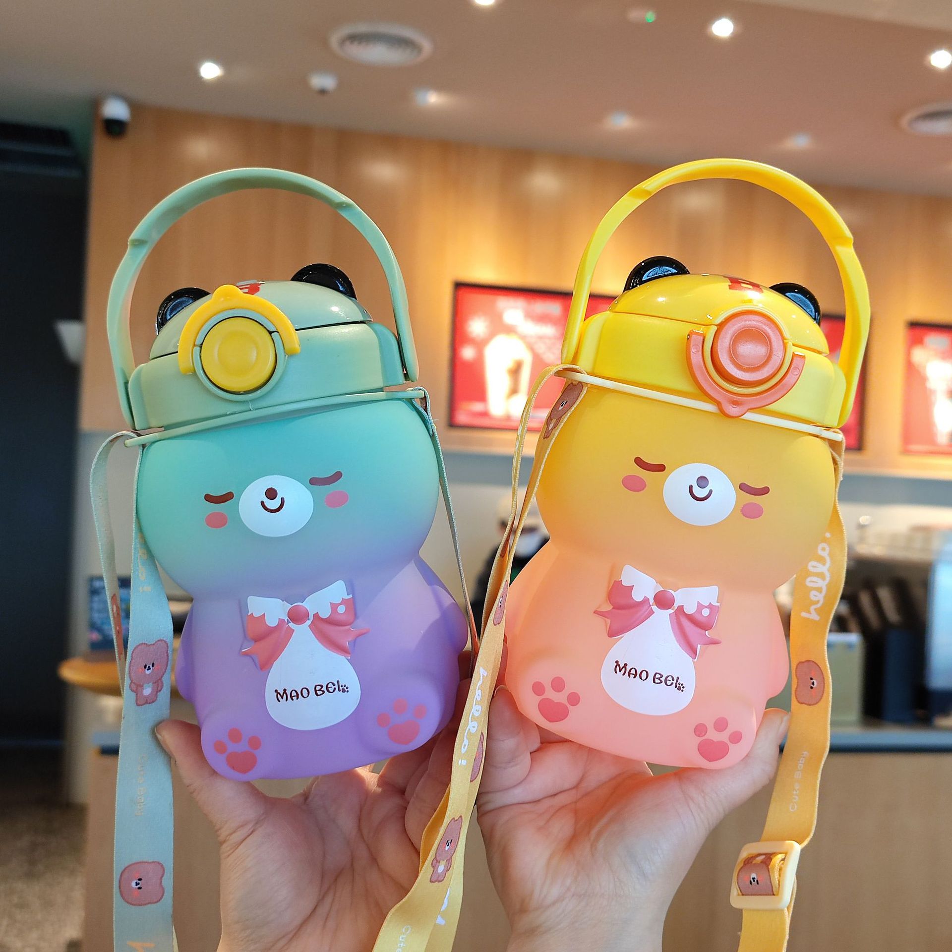 Korean Edition lovely Small animals Kitty Straw cup Cartoon Primary and secondary school students outdoors straps bounce Water cup