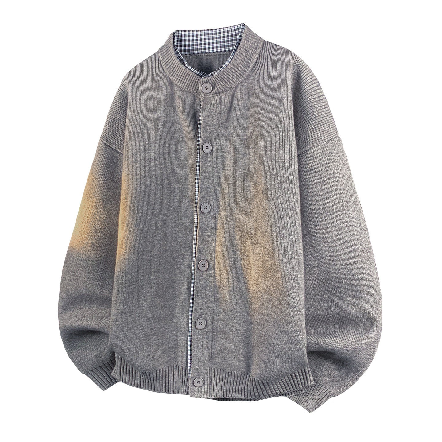 Explosiones transfronterizas camisas a cuadros de tamaño grande europeo falsas dos piezas camisas de punto suéter cardigan chaqueta de moda fábrica al por mayor