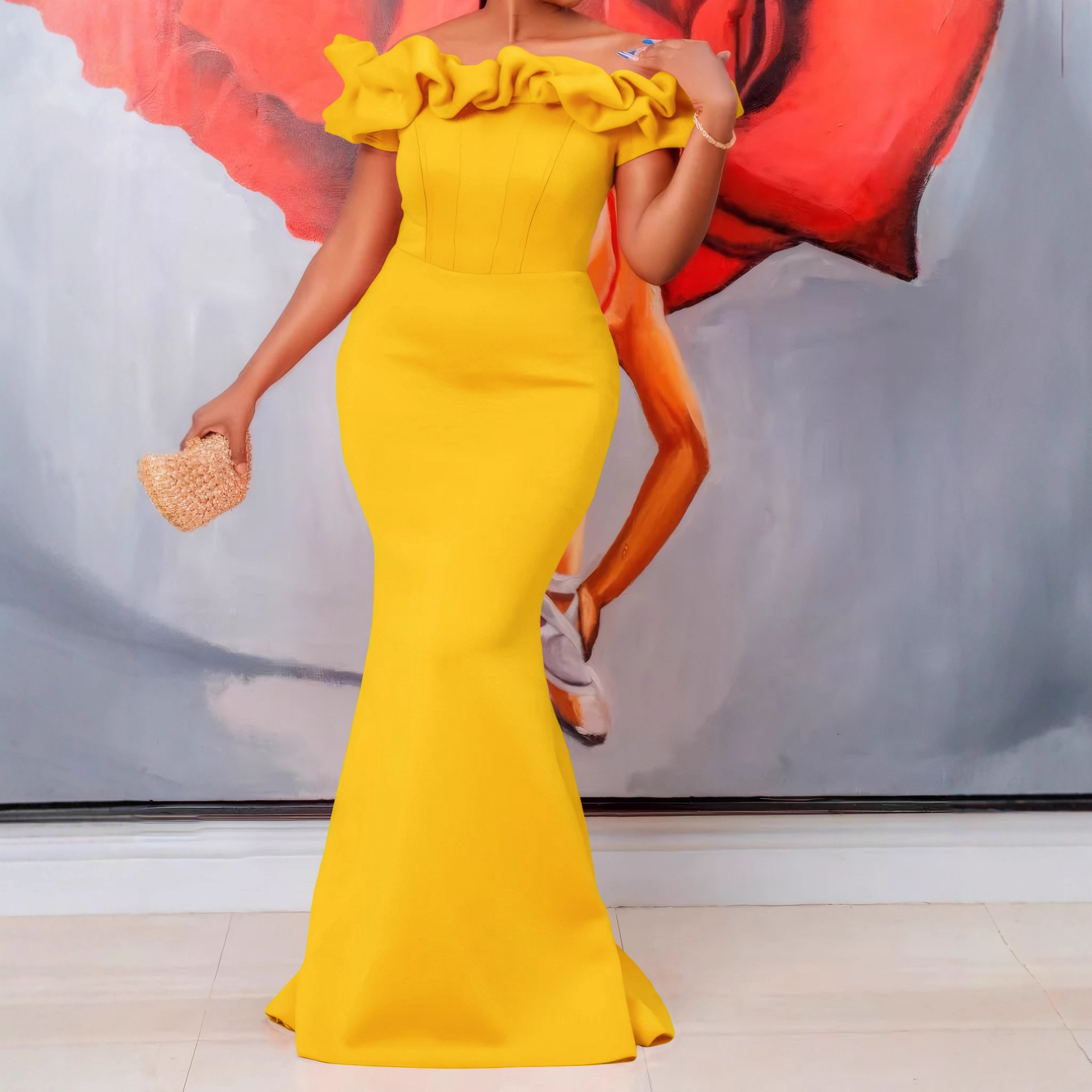 Amazon European and American Cross-Border Women's Clothing 2025 Summer New One-Line Collar Sexy Fishtail Long Skirt Banquet Evening Dress