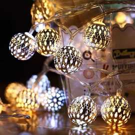 亚马逊摩洛哥球灯串 led铁艺金属镂空圆球七彩灯电池盒闪烁装饰灯