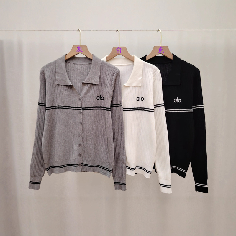 Autumn and Winter New Elegant Women's Sweater Design Alo Embroidered Polo Collar Long-Sleeved Knitted Cardigan Jacket Top Autumn and Winter New Elegant Women's Sweater Design Alo Embroidered Polo Collar Long-Sleeved Knitted Cardigan Jacket Top