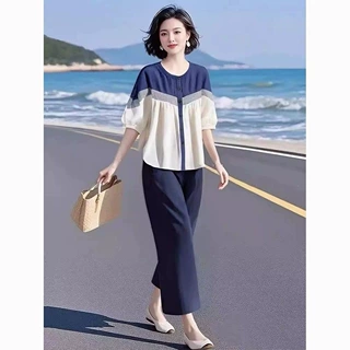 时尚优雅女装套装夏款两件套宽松舒适显瘦海边度假拼接色