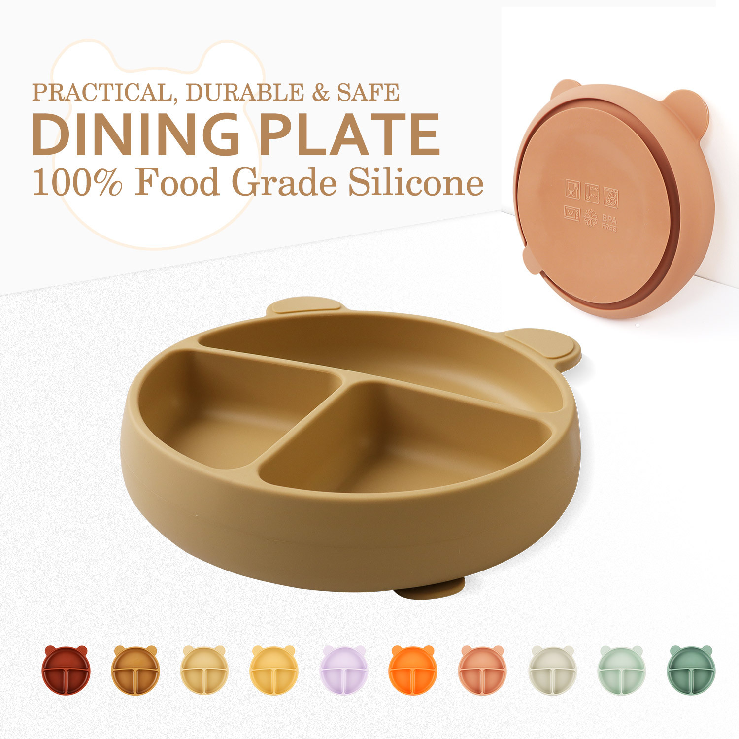 어린이 실리콘 디너 플레이트 아기 분리 디너 플레이트 그릇 보충 식품 그릇 흡입 컵 가을 동물 모양 식기 반점