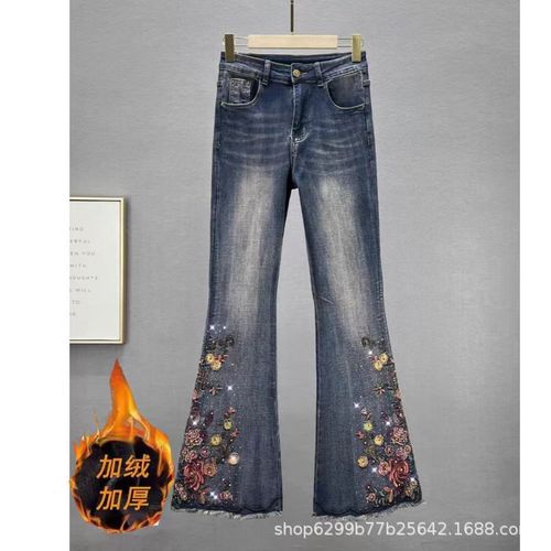 Embroidered denim flared pants for women, 2024 winter new arrival—high-waisted, slim-fit, figure-flattering, ethnic-style, intricately crafted, fleece-lined long pants.