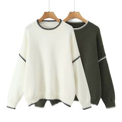 外贸女装2025秋季欧美风圆领长袖撞色边饰针织套头毛衣女C525082