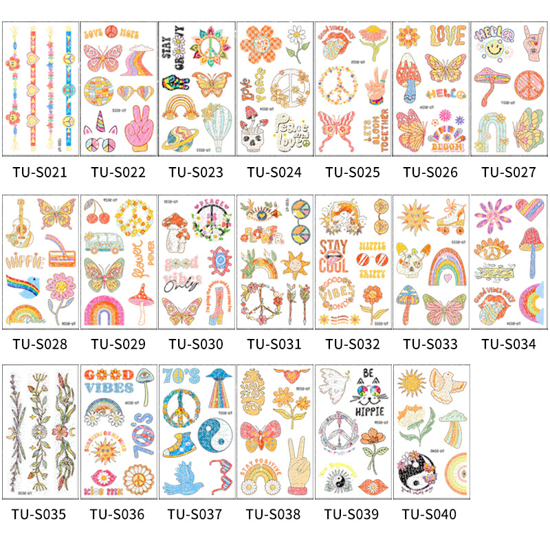Transfronterizo hippie brillo 70 años tatuaje pegatinas mariposa impermeable Amor y Paz fiesta de cumpleaños Arco Iris pegatinas