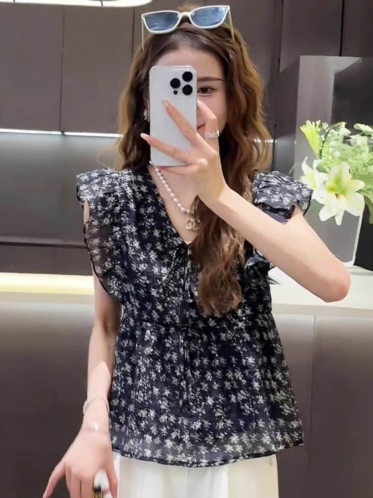 Áo hai dây nữ tay bèo họa tiết hoa nhí chất voan kiểu Pháp — Màu xanh lam nhạt chi tiết 3