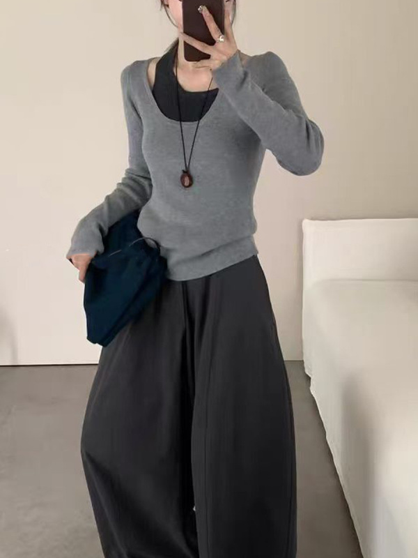 设计感撞色假两件挂脖长袖针织衫女2025秋冬新款显瘦百搭打底毛衣|undefined