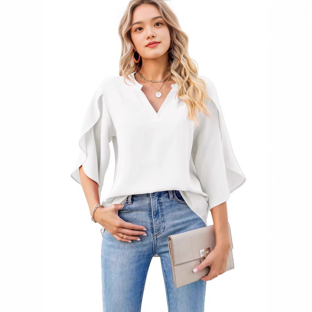 Camicia donna in chiffon con scollo a v e maniche a petalo_voghion.com