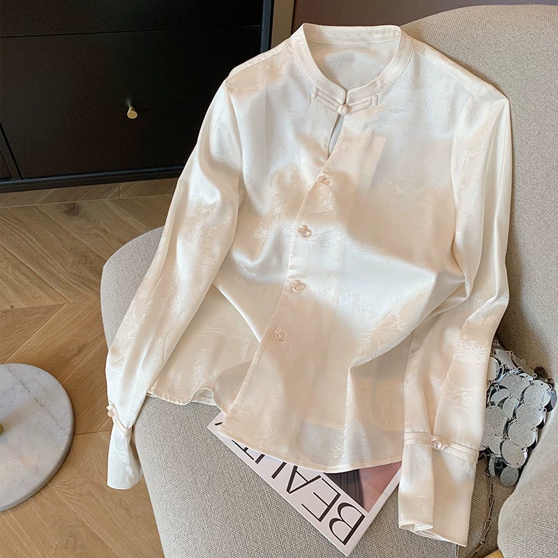 Новый китайский стиль с полым жаккардовым ацетатом атласная рубашка 2025 года женская весна высокого темперамента тонкая рубашка