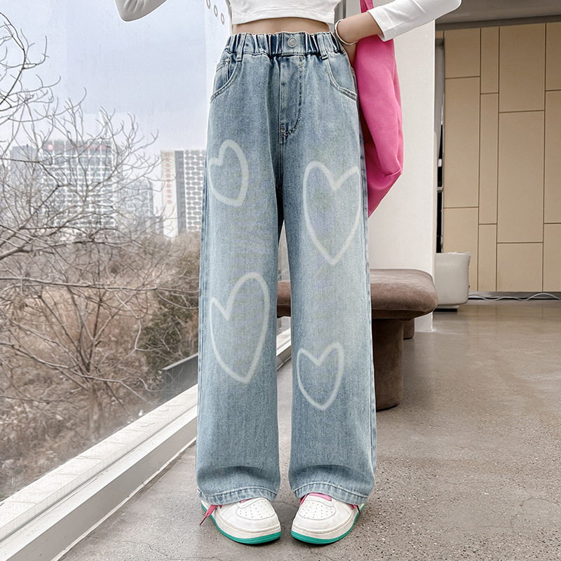 Copii îmbrăcăminte fete primăvară și toamnă blugi la modă nouă fete mijlocii și mari copii dragoste denim pantaloni cu picior larg copii la modă_voghion.com