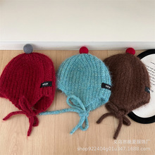 韩版儿童护耳帽简约纯色针织护耳帽男女宝宝小标系带保暖毛线帽潮