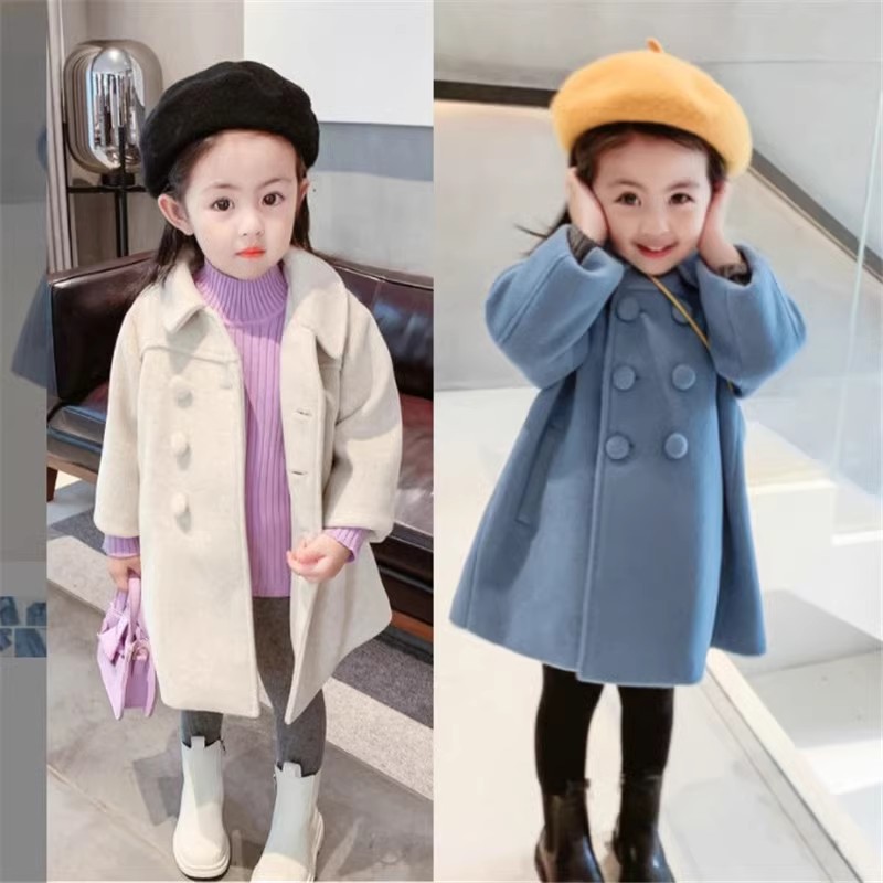 儿童中长款外贸呢子加棉大衣2025冬季女童宝宝韩版加厚双排扣外套