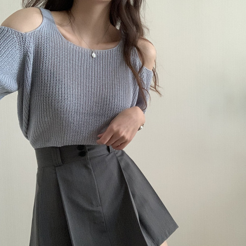 Gentle style, off-the-shoulder short-sleeve sweater, women's summer new style, chanel style loose shirt, sweet and spicy style top