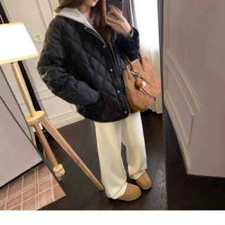 韩版撞色翻领菱格保暖棉服外套女2025年早春季高级感宽松百搭棉衣