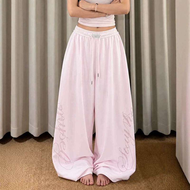 Summer dopamine pink rhinestone casual pants for women, breathable, loose, sporty, straight-leg, drapey, jazz dance floor-length pants Summer dopamine pink rhinestone casual pants for women, breathable, loose, sporty, straight-leg, drapey, jazz dance floor-length pants