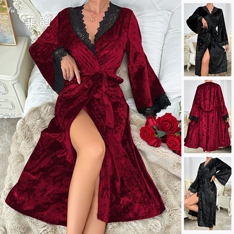 Amazon European and American Cross-Border Long Bathrobe Sexy Lace Light Luxury Long-Sleeved Velvet Nightgown Bathrobe Loungewear 622 Amazon European and American Cross-Border Long Bathrobe Sexy Lace Light Luxury Long-Sleeved Velvet Nightgown Bathrobe Loungewear 622