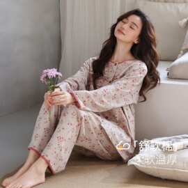 春秋新款紧赛纯棉女长袖长裤开衫睡衣时尚休闲女家居服图片色圆领