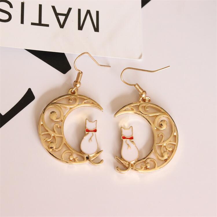 Fashion Moon Cat Alloy Enamel Hollow Out Womenu0027S Drop Earrings 1 Pair