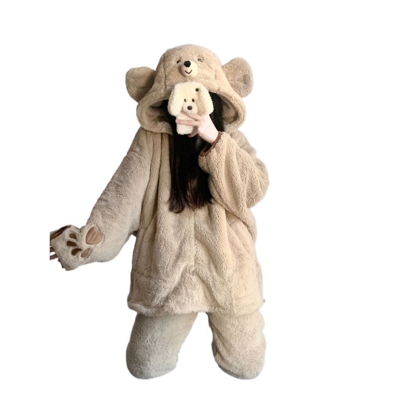 귀여운 테디 베어 산호 양털 잠옷 여성 가을 겨울 인터넷 인기있는 후드 플란넬 기모 두꺼운 겨울 홈 옷