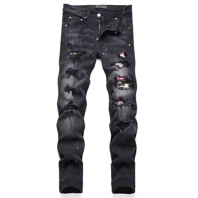 ​​Men's Slim Fit Distressed Patchwork Jeans - High Street Style Black Skinny Ripped Denim Pants For Casual Wear​​_mkmklike.com