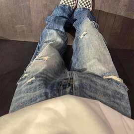 高街vibe水洗蓝破洞牛仔裤男潮牌美式直筒小众设计感微喇做旧裤子