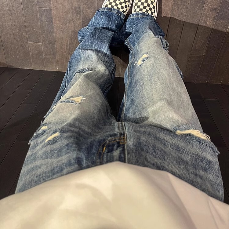 High Street Vibe Water Washed Blue Ripped Jeans Men's Trendy Brand American Style Straight Barrel Niche Design Sense Micro-made Old Pants