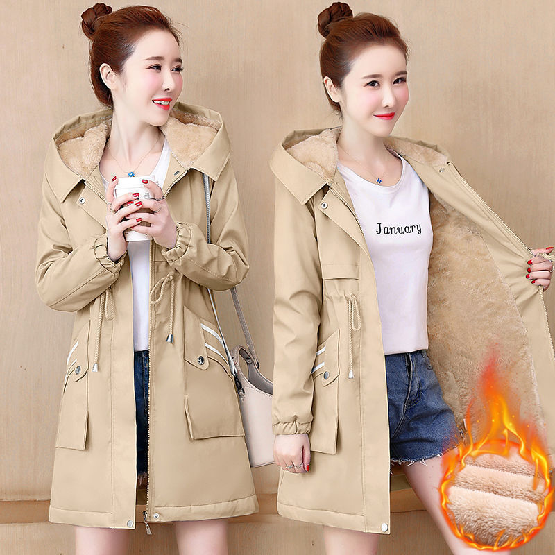 fleece-lined Windbreaker Women's plus size Women's Mid-length 2024 Autumn and Winter New Slimming All-match Tight Waist Student Coat Top