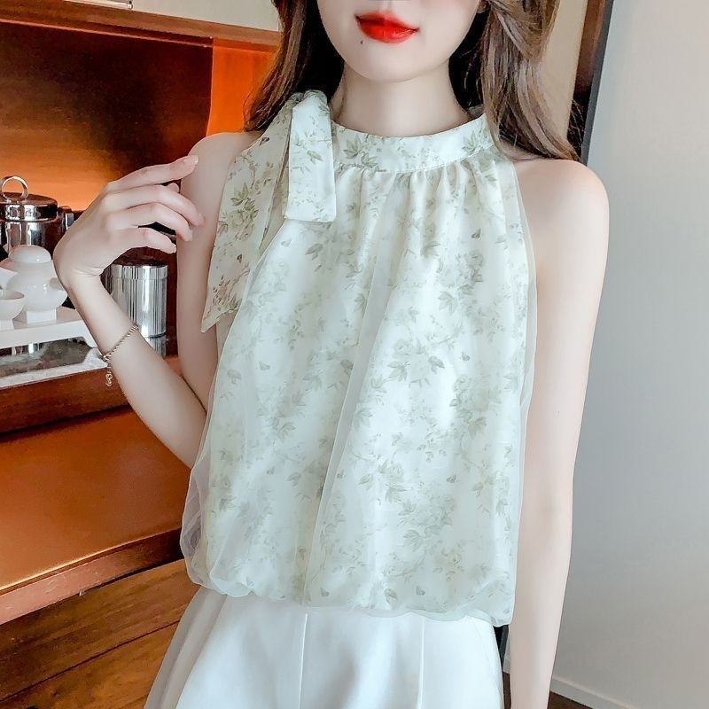 フレンチフローラルノースリーブベストシフォンシャツ女性のための夏の2025新しい韓国スタイルニッチ気質オフショルダーホルタートップ|undefined
