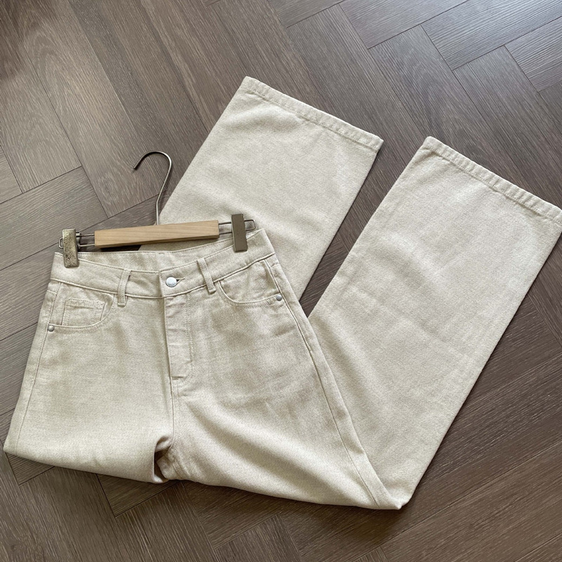Cay Linen Jeans! American High Street Style Oatmeal-Colored High-Waisted Straight-Leg Slimming and Elegant Long Pants for Women Cay Linen Jeans! American High Street Style Oatmeal-Colored High-Waisted Straight-Leg Slimming and Elegant Long Pants for Women