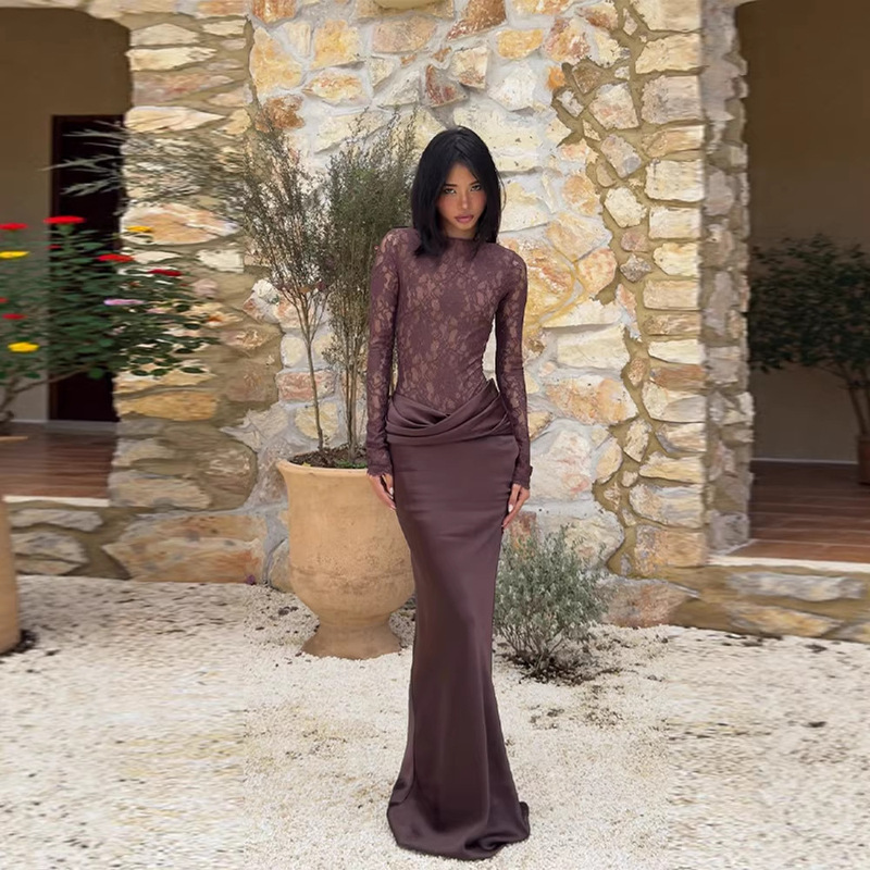 2026 European and American Cross-Border Women's Clothing Autumn and Winter New Fashion Sexy Figure-Flattering Lace See-Through Bodycon Long Dress for Women