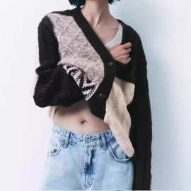 外贸订单秋冬新款慵懒风V领学院风麻花拼色针织宽松开衫毛衣外套