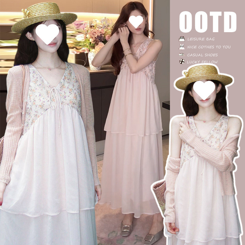 Summer New Style Korean Style Lazy Style Knitted Cardigan with Floral Patchwork Dress Two-Piece Set for Pregnant Women